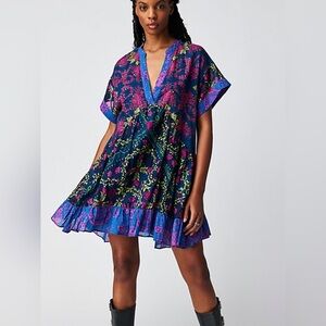 Free People Printed Agnes Ruffles Bold Blue Multicolored Mini Dress Boho Peasant